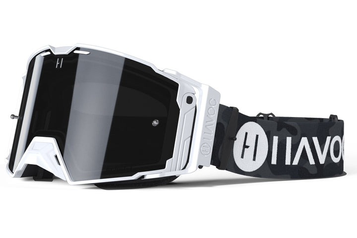 Black Camo Helios offroad goggle by Havoc for Surron and Talaria riders — magnetic quick-change lens