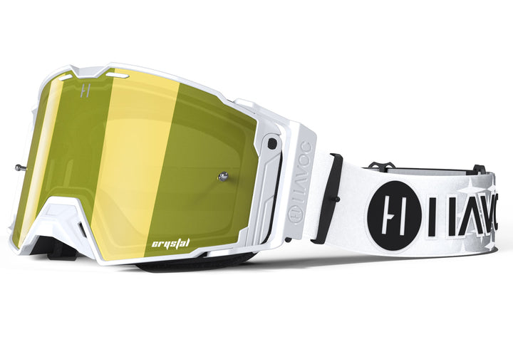 Buttery Films x Havoc Helios MX goggle for Surron and Talaria riders — gold crystal lens