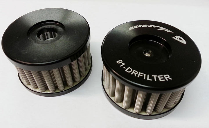 Warp 9 reusable stainless oil filter for Suzuki DR650 — front and back