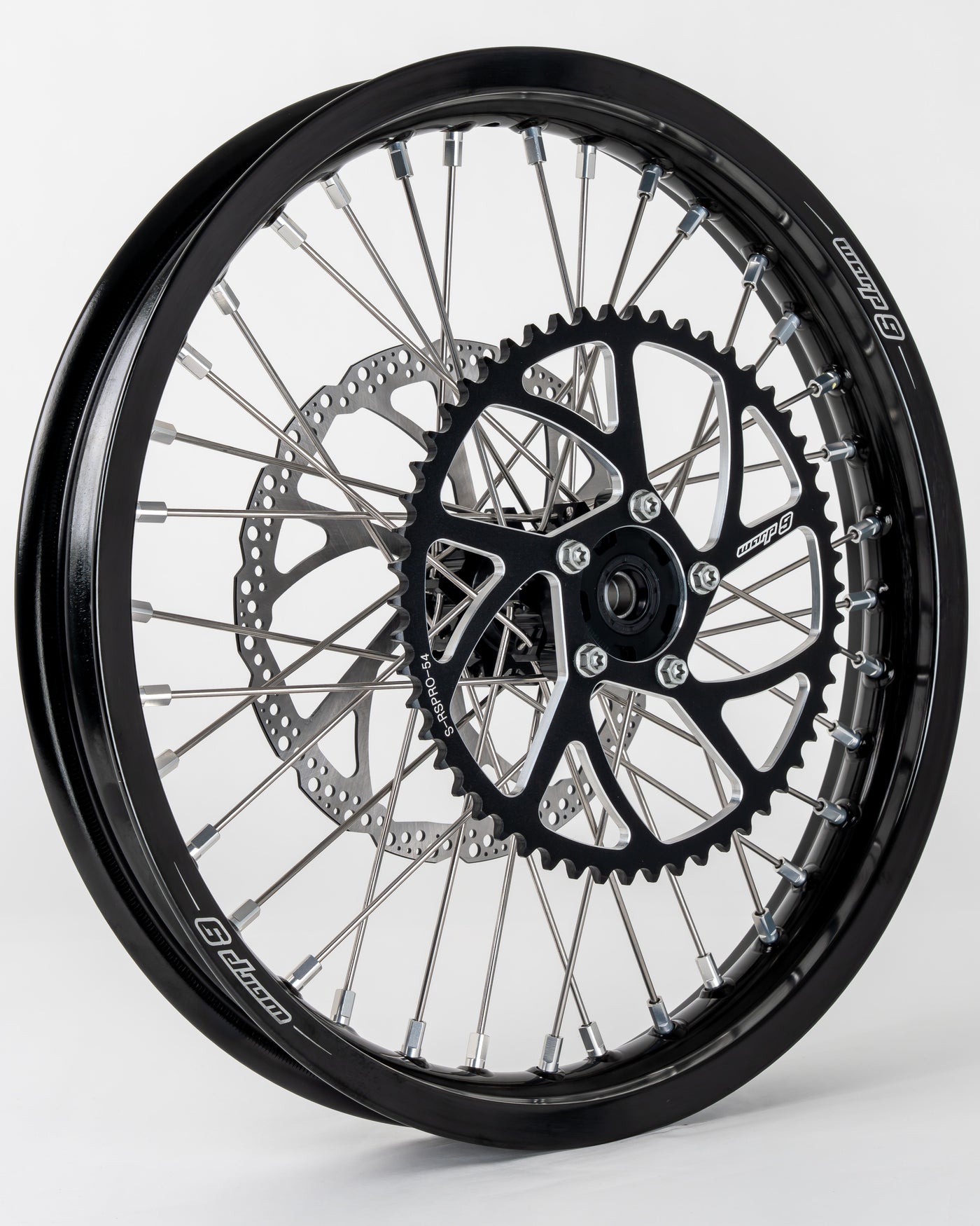Warp 9 supermoto rear wheel for Talaria MX3/MX4 — 220mm rotor with sprocket and caliper relocation bracket
