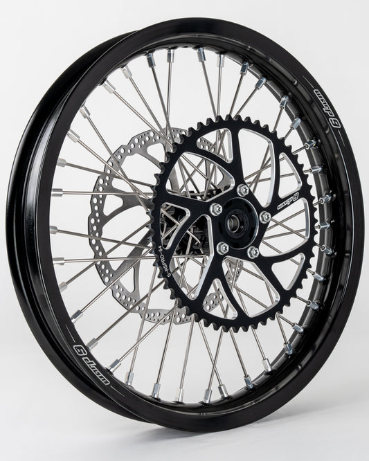 Warp 9 supermoto rear wheel for Talaria MX3/MX4 — 220mm rotor with sprocket and caliper relocation bracket
