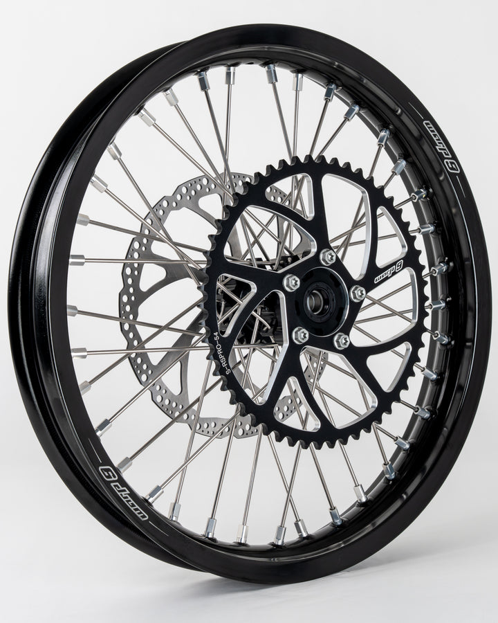 Warp 9 supermoto rear wheel for Talaria MX3/MX4 — 220mm rotor with sprocket and caliper relocation bracket
