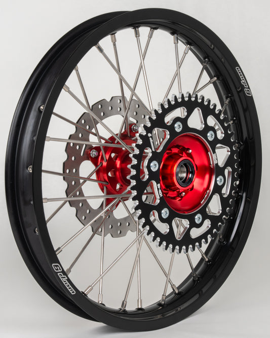 Warp 9 supermoto rear wheel for Honda CRF — 240mm rotor with red anodized hub and choice of sprocket
