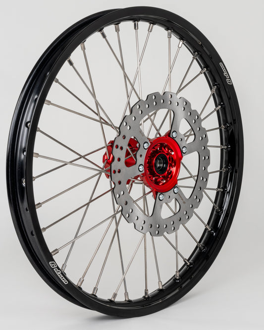 Warp 9 21-inch front wheel for early Honda CR/CRF — 240mm rotor with red anodized hub
