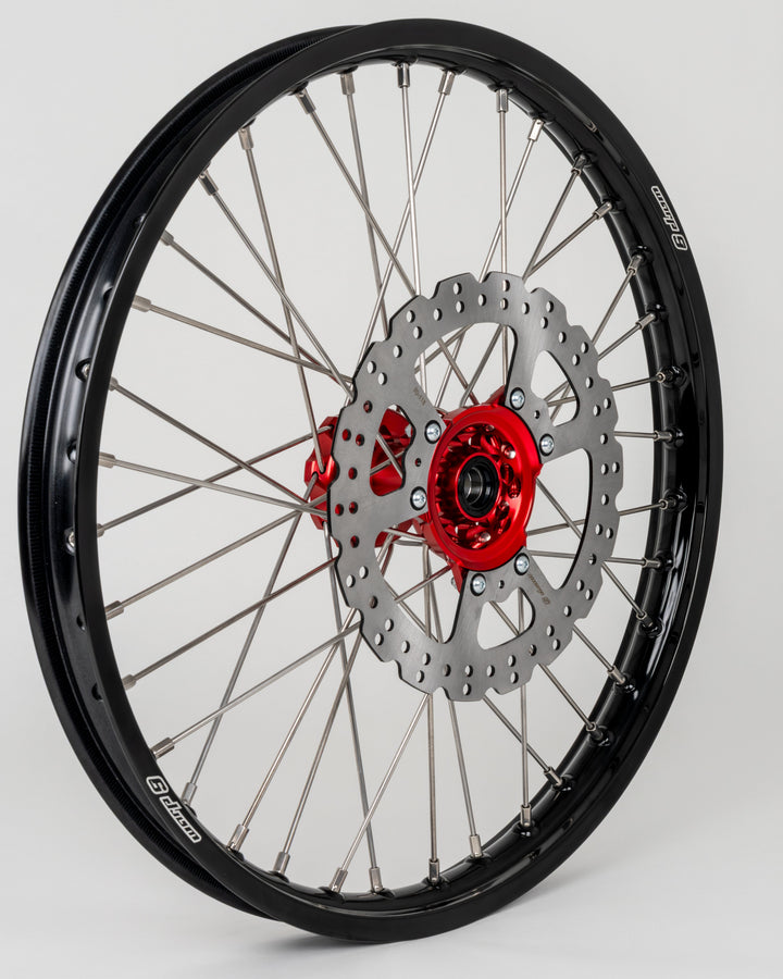 Warp 9 21-inch front wheel for early Honda CR/CRF — 240mm rotor with red anodized hub
