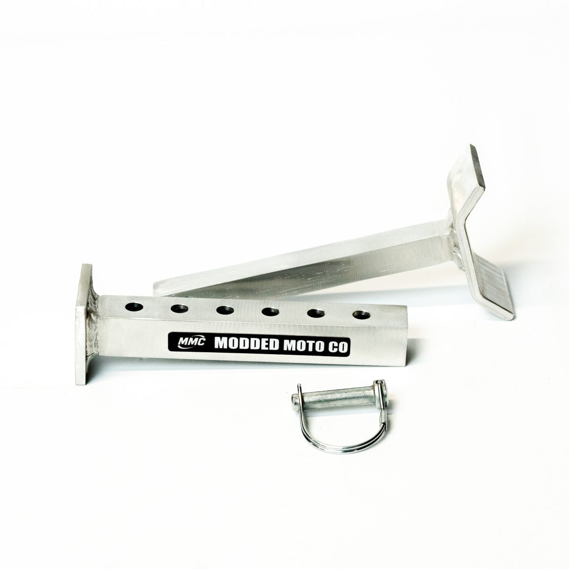Adjustable Fork Saver — side profile installed on inverted e-moto fork legs alternate view