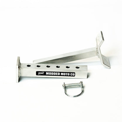 Adjustable Fork Saver — side profile installed on inverted e-moto fork legs alternate view