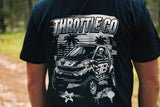 Close-up of the Smart Car back graphic showing the THROTTLE CO logotype, lifted Smart Car in TB race livery and star accent