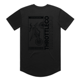 Throttle Co Electric Dirt Bike Barcode Tag Tee in black, back flat lay with the barcode tag graphic