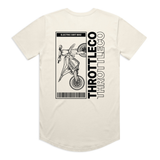 Throttle Co Electric Dirt Bike Barcode Tag Tee in beige, back flat lay with the barcode tag graphic