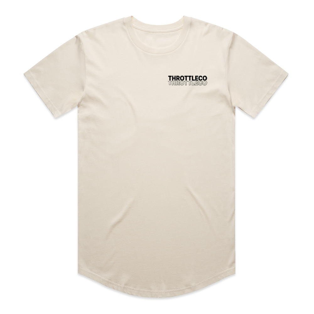 Throttle Co Electric Dirt Bike Barcode Tag Tee in beige, front flat lay