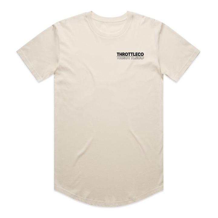 Throttle Co Electric Dirt Bike Barcode Tag Tee in beige, front flat lay