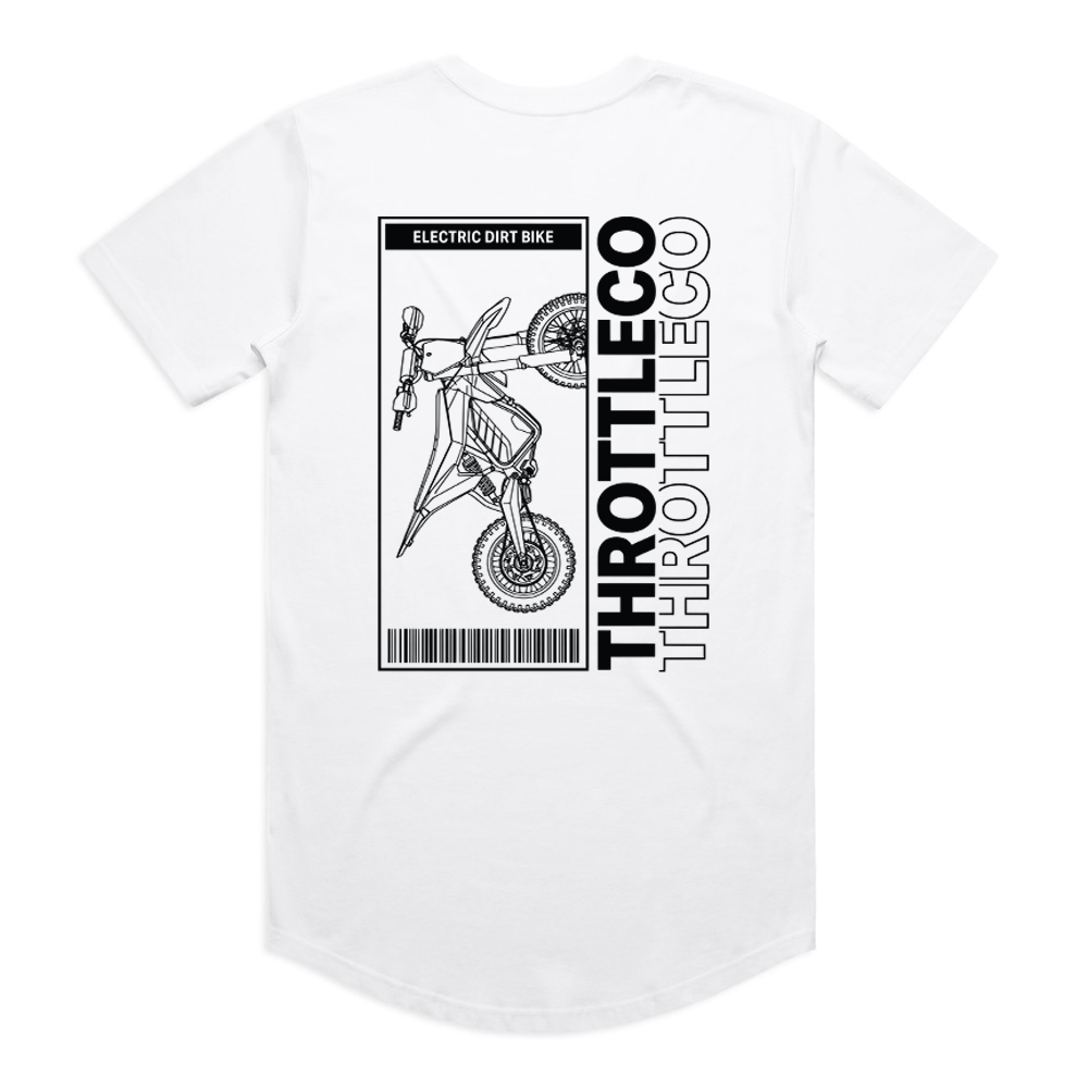 Throttle Co Electric Dirt Bike Barcode Tag Tee in white, back flat lay with the barcode tag graphic