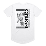 Throttle Co Electric Dirt Bike Barcode Tag Tee in white, back flat lay with the barcode tag graphic