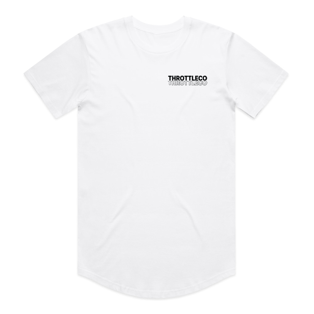 Throttle Co Electric Dirt Bike Barcode Tag Tee in white, front flat lay