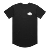 Fist Icon Topo Design tee in black, front flat lay with the small left-chest fist-bump icon