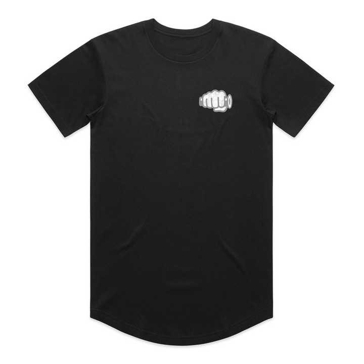 Fist Icon Topo Design tee in black, front flat lay with the small left-chest fist-bump icon