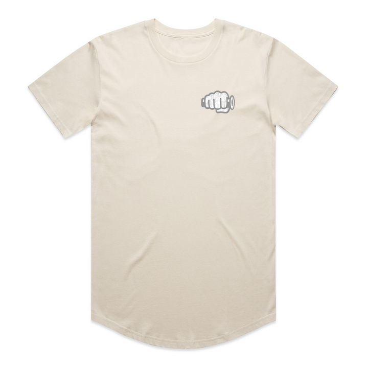 Fist Icon Topo Design tee in beige, front flat lay