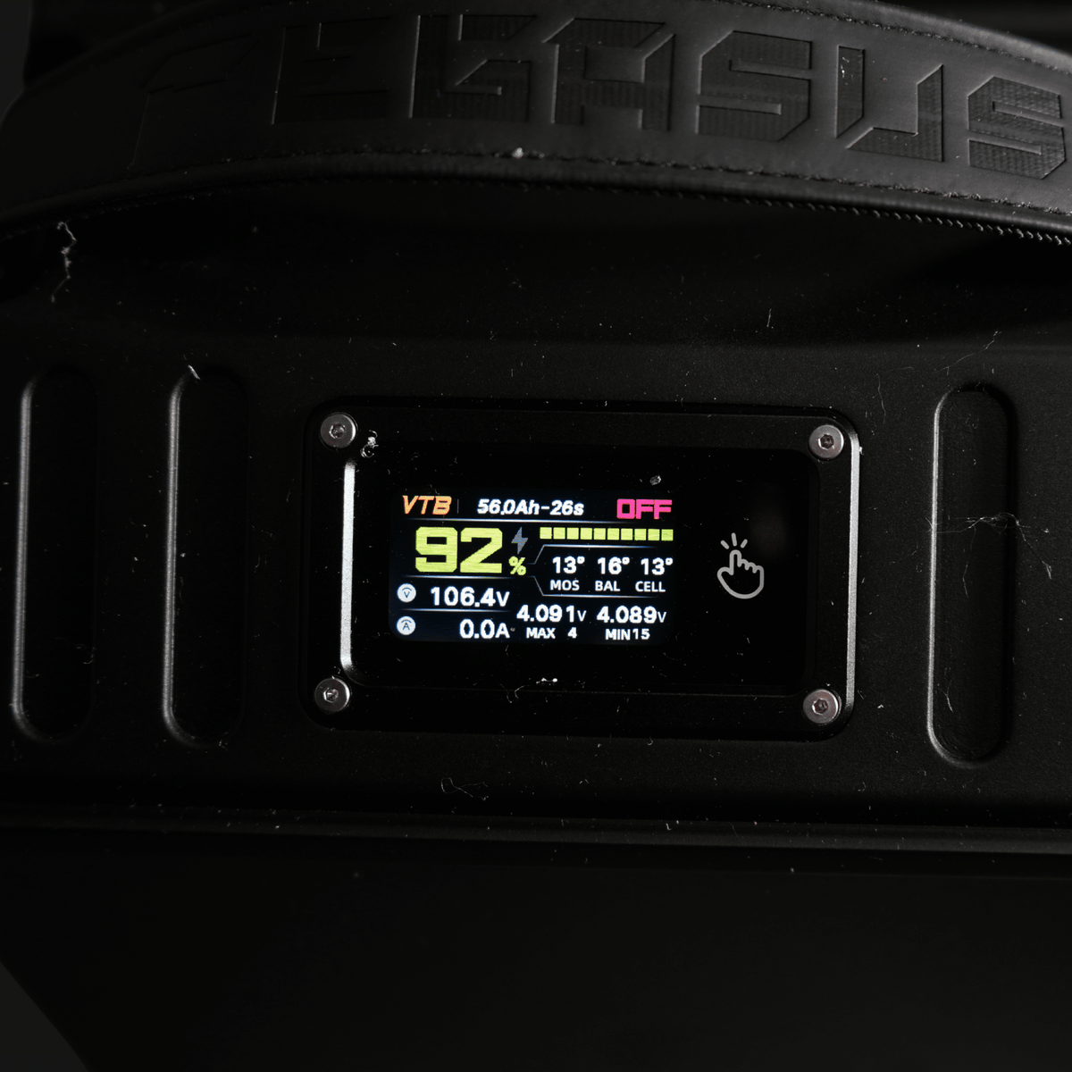 Ventus 96V 56Ah battery — BMS connector and charging port detail