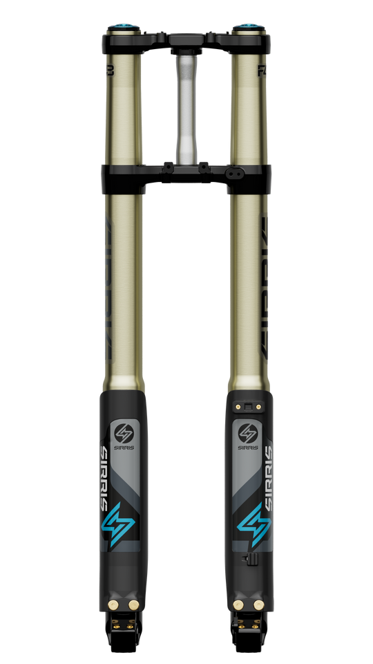 Sirris F43 fork — compression adjuster and rebound dial close-up