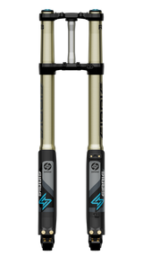 Sirris F43 fork — compression adjuster and rebound dial close-up