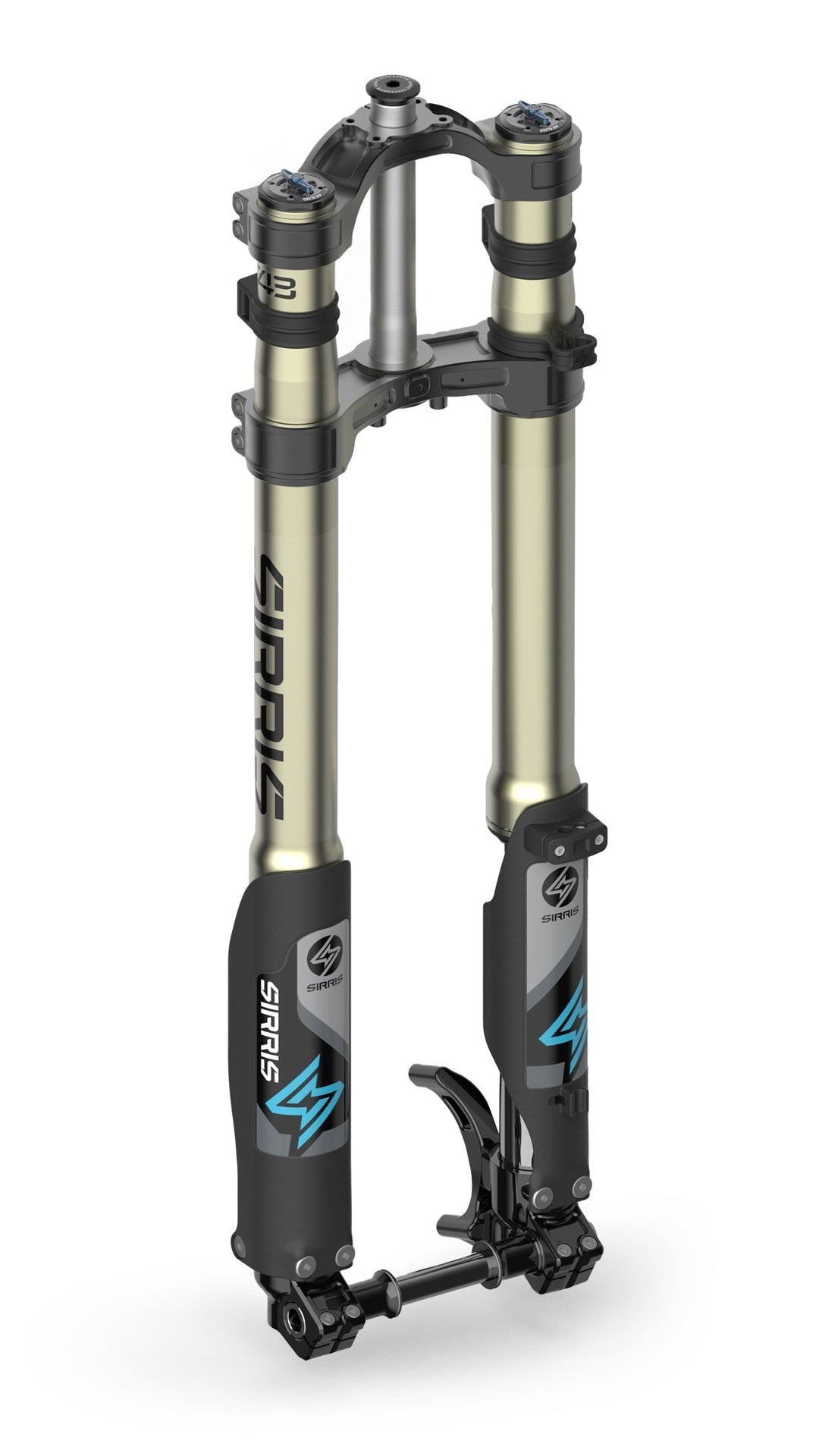 Sirris F43 CMX fork — compression adjuster and rebound dial close-up