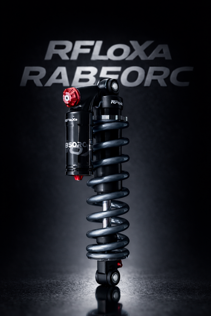 RFloXa RAB50RC rear shock for Surron LBX, Talaria, and E-Ride Pro — external nitrogen reservoir with multi-stage damping