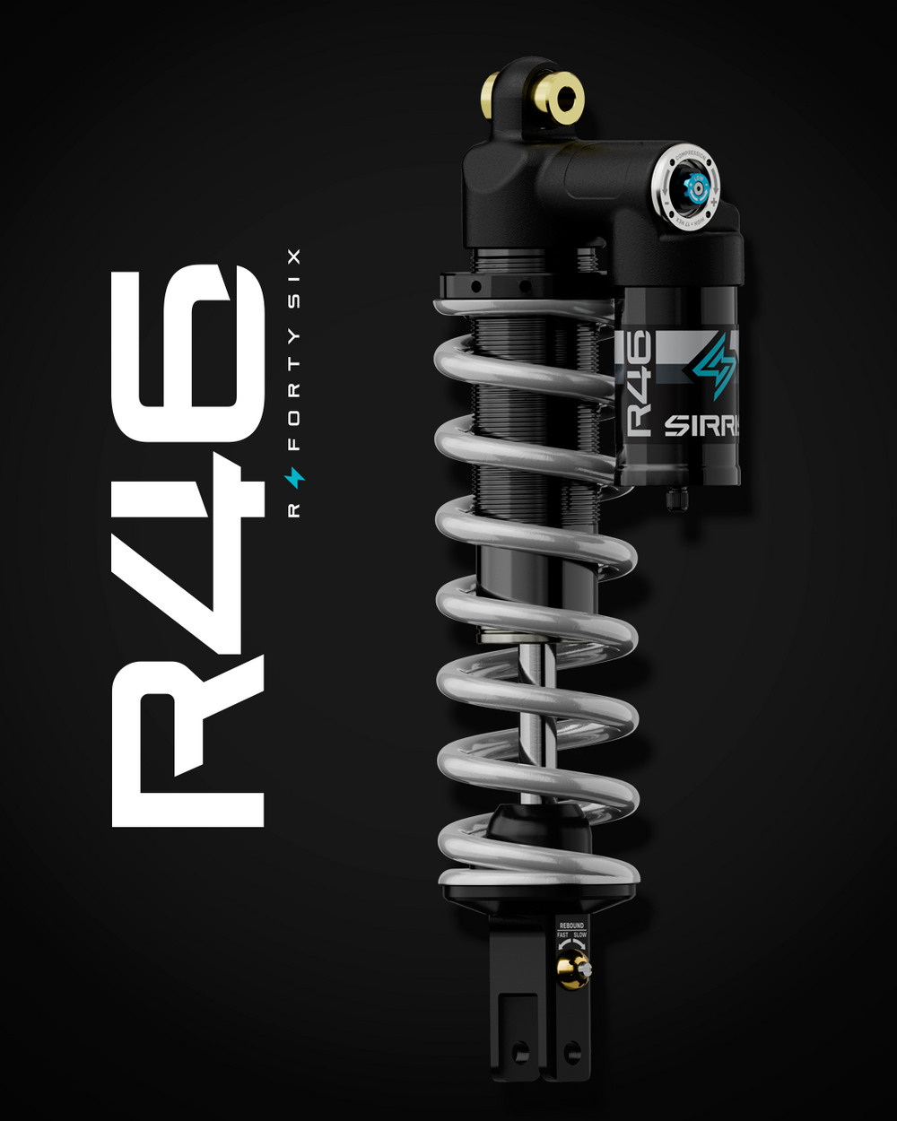 Sirris R46 rear shock for Surron Ultra Bee — 46mm piston piggyback coilover with external reservoir and LSC tuning