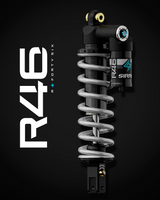 Sirris R46 rear shock for Surron Ultra Bee — 46mm piston piggyback coilover with external reservoir and LSC tuning