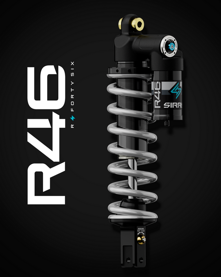 Sirris R46 rear shock for Surron Ultra Bee — 46mm piston piggyback coilover with external reservoir and LSC tuning
