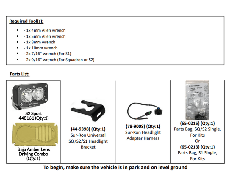 Baja Designs S2 Sport Headlight Kit for Surron and Talaria — kit contents flat lay