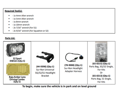 Baja Designs S2 Sport Headlight Kit for Surron and Talaria — kit contents flat lay
