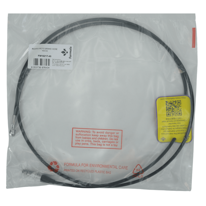 Formula rear brake hose for light e-moto — stainless braided line with banjo fittings, full length