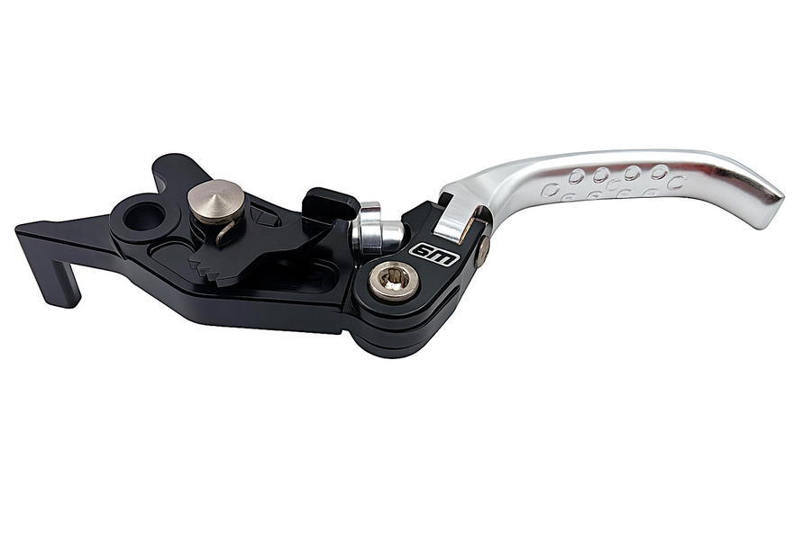 Warp 9 forged brake levers for Surron Ultra Bee — folding hinge design with reach adjuster and integrated parking brake
