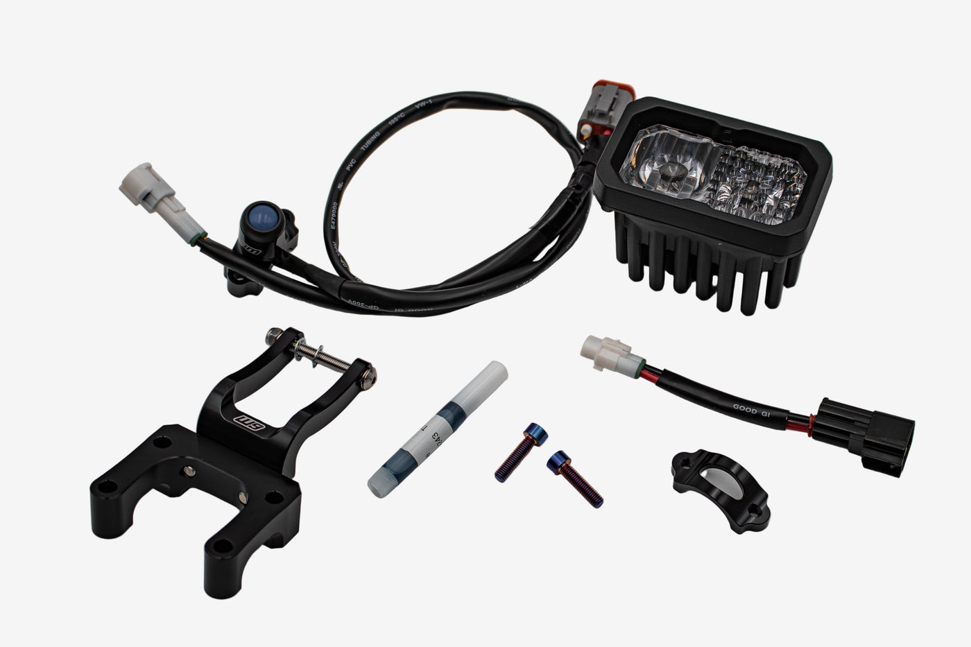 Warp 9 V2 high-output LED headlight kit with W9 mounting bracket, wiring harness, and hardware for Surron and Talaria
