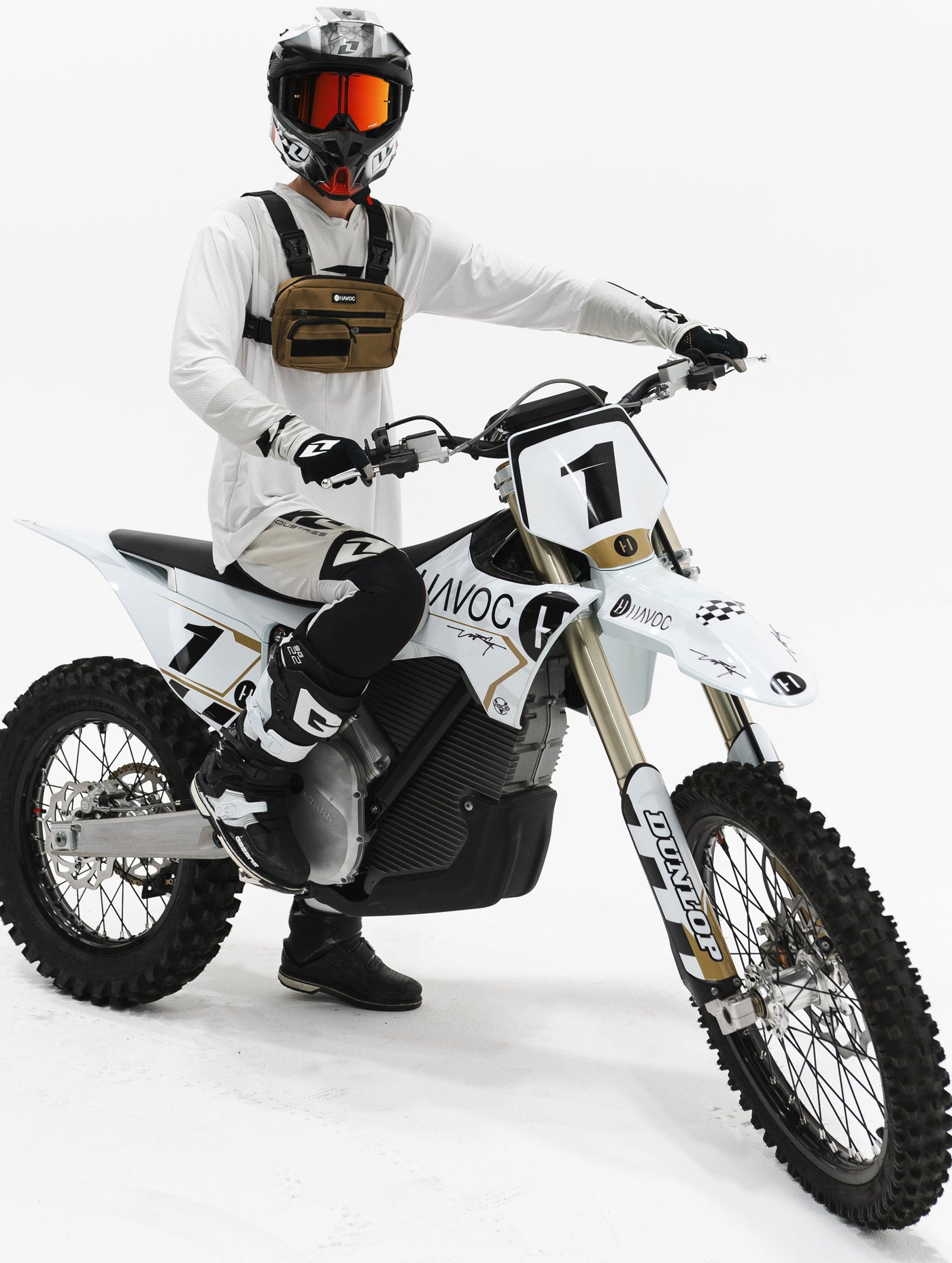 Havoc Chest Bag link brown colorway — worn on rider front view