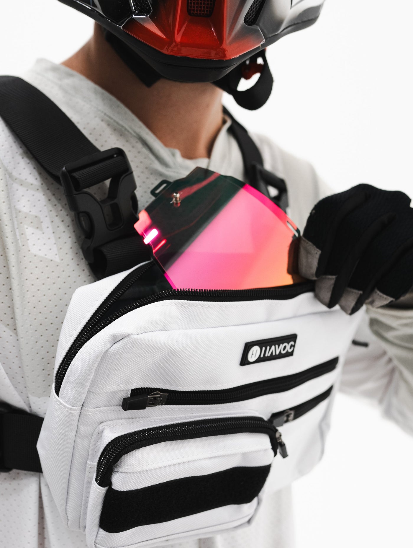 Havoc Chest Bag link white colorway — straps and chest buckle detail