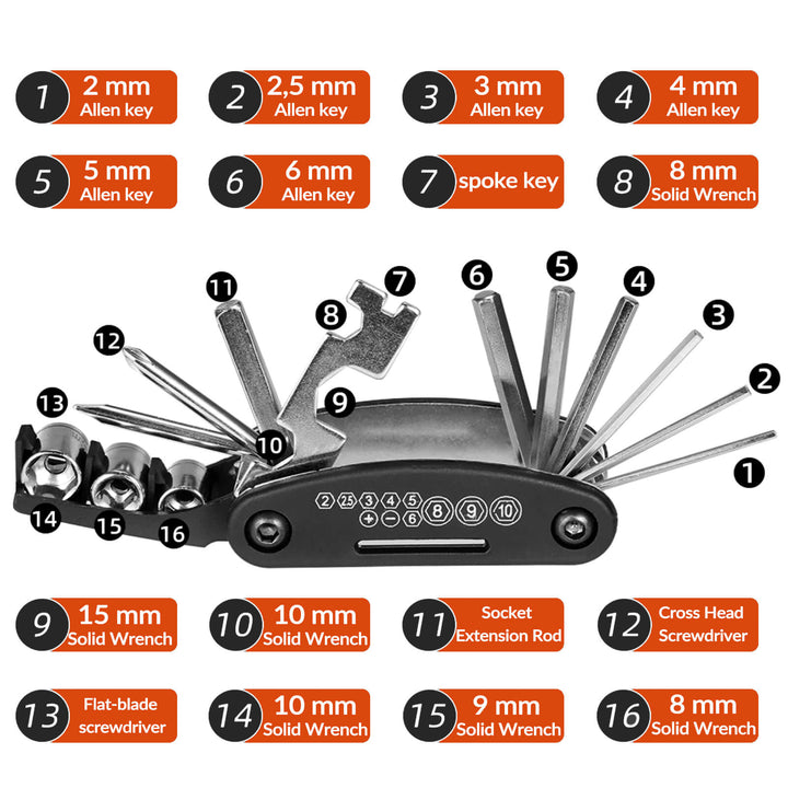 ROCKBROS 16-in-1 folding tool with hex keys and sockets for e-moto maintenance