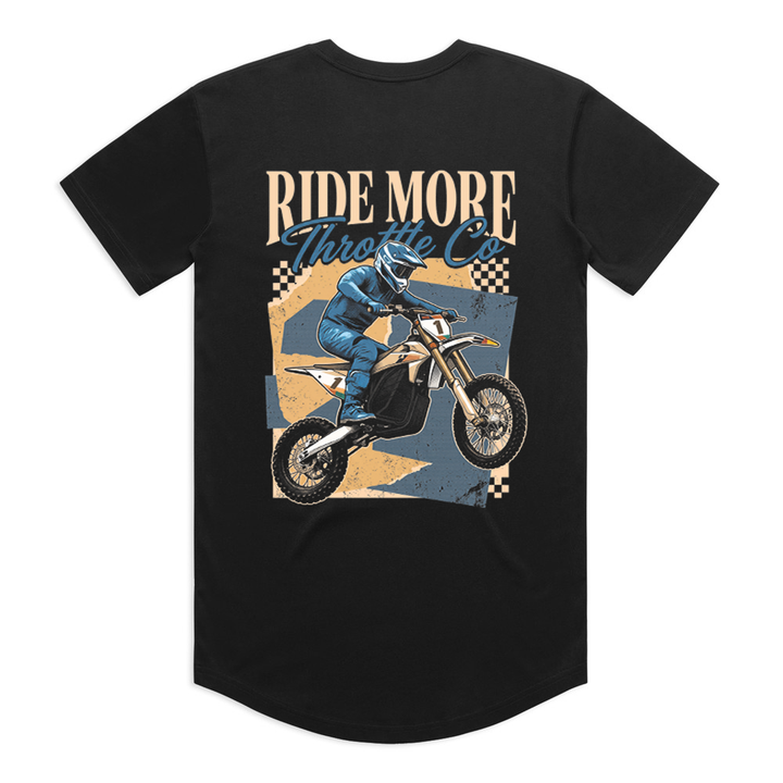 Throttle Co Ride More Bike Tee in black, back flat lay