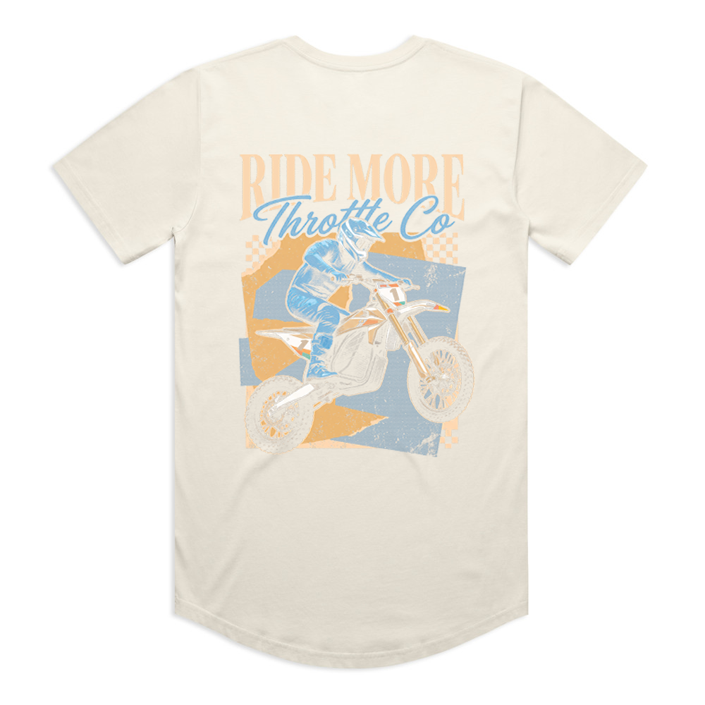 Throttle Co Ride More Bike Tee in beige, back flat lay