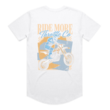 Throttle Co Ride More Bike Tee in white, back flat lay