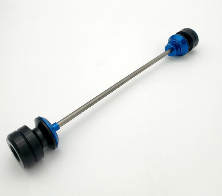 Warp 9 Ultra Bee front supermoto axle slider in blue anodized — CNC machined with captive axle blocks and alignment marks
