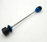 Warp 9 Ultra Bee front supermoto axle slider in blue anodized — CNC machined with captive axle blocks and alignment marks
