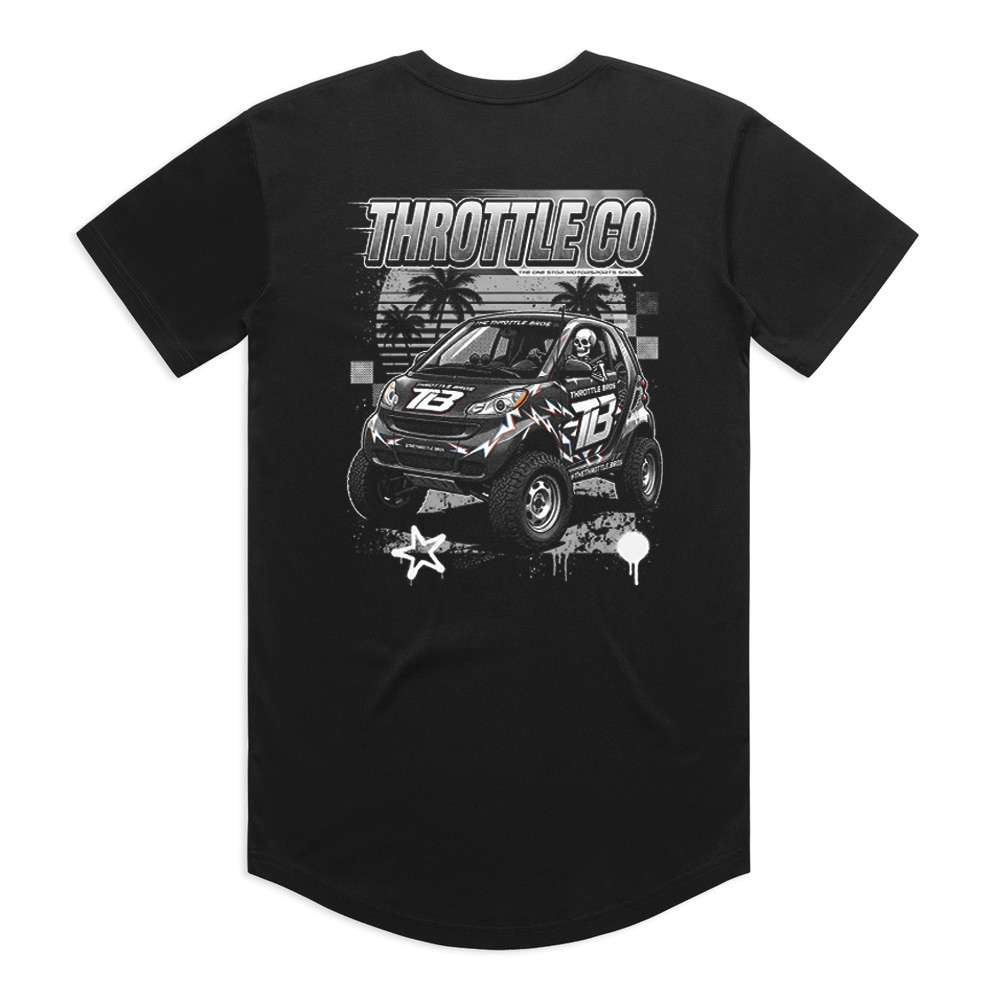 Smart Car Throttle Bros Tee in black, back flat lay showing the lifted off-road Smart Car graphic with skeleton driver and palm trees