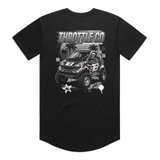 Smart Car Throttle Bros Tee in black, back flat lay showing the lifted off-road Smart Car graphic with skeleton driver and palm trees