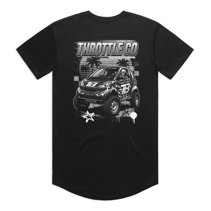 Smart Car Throttle Bros Tee in black, back flat lay showing the lifted off-road Smart Car graphic with skeleton driver and palm trees