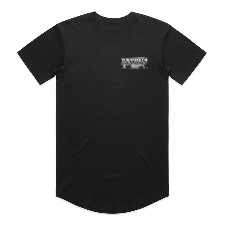 Smart Car Throttle Bros Tee in black, front flat lay with the small tonal THROTTLE CO chest hit