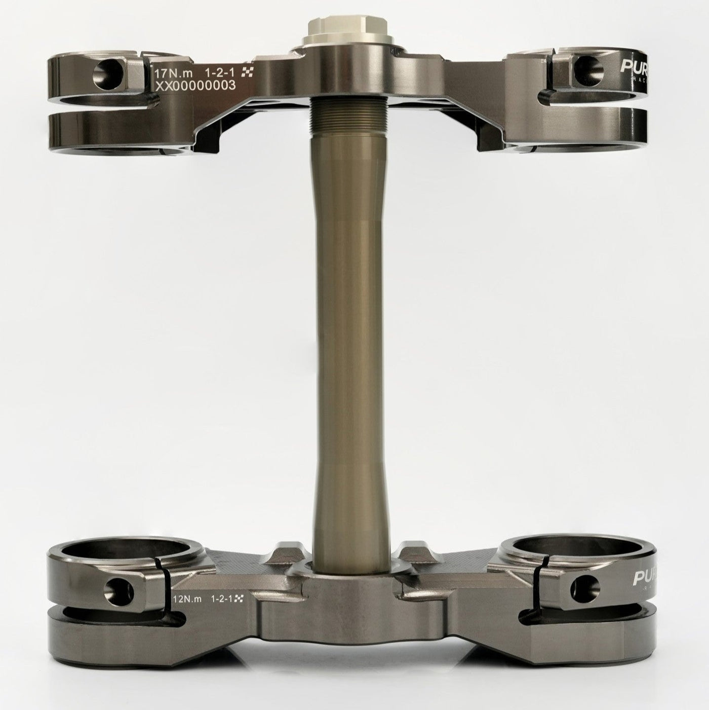 Pure Racing TRAXION Fork crown — top view showing clamp bolt pattern