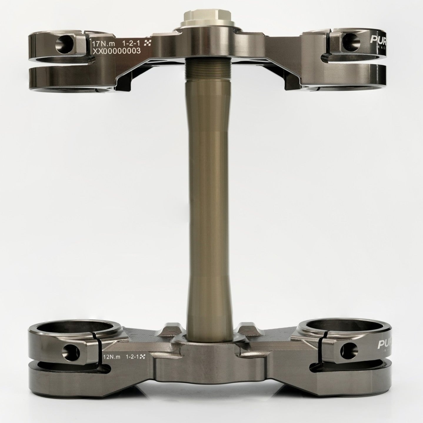 Pure Racing TRAXION Fork crown — top view showing clamp bolt pattern