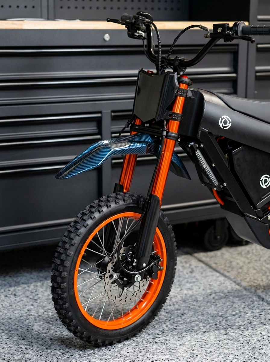 Talaria Front Fender in carbon finish — installed on Talaria electric dirt bike